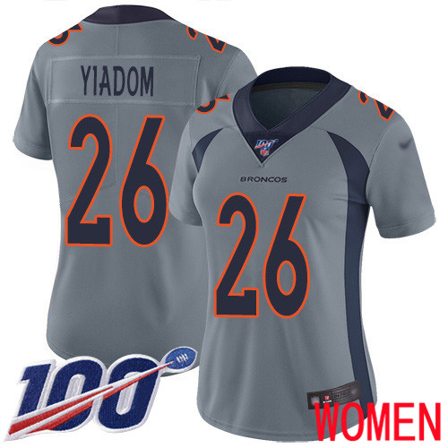 Women Denver Broncos #26 Isaac Yiadom Limited Silver Inverted Legend 100th Season Football NFL Jersey